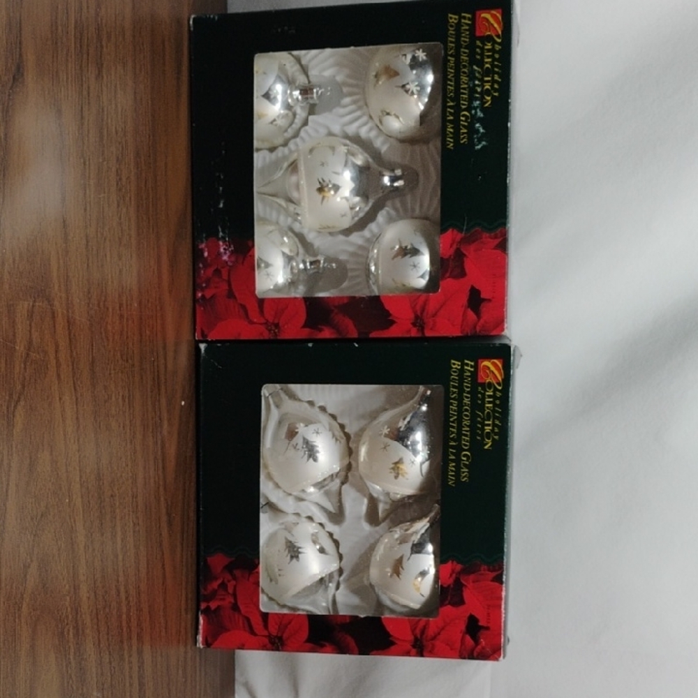 Elegant White and Silver Blown Glass Ornament Set Vintage